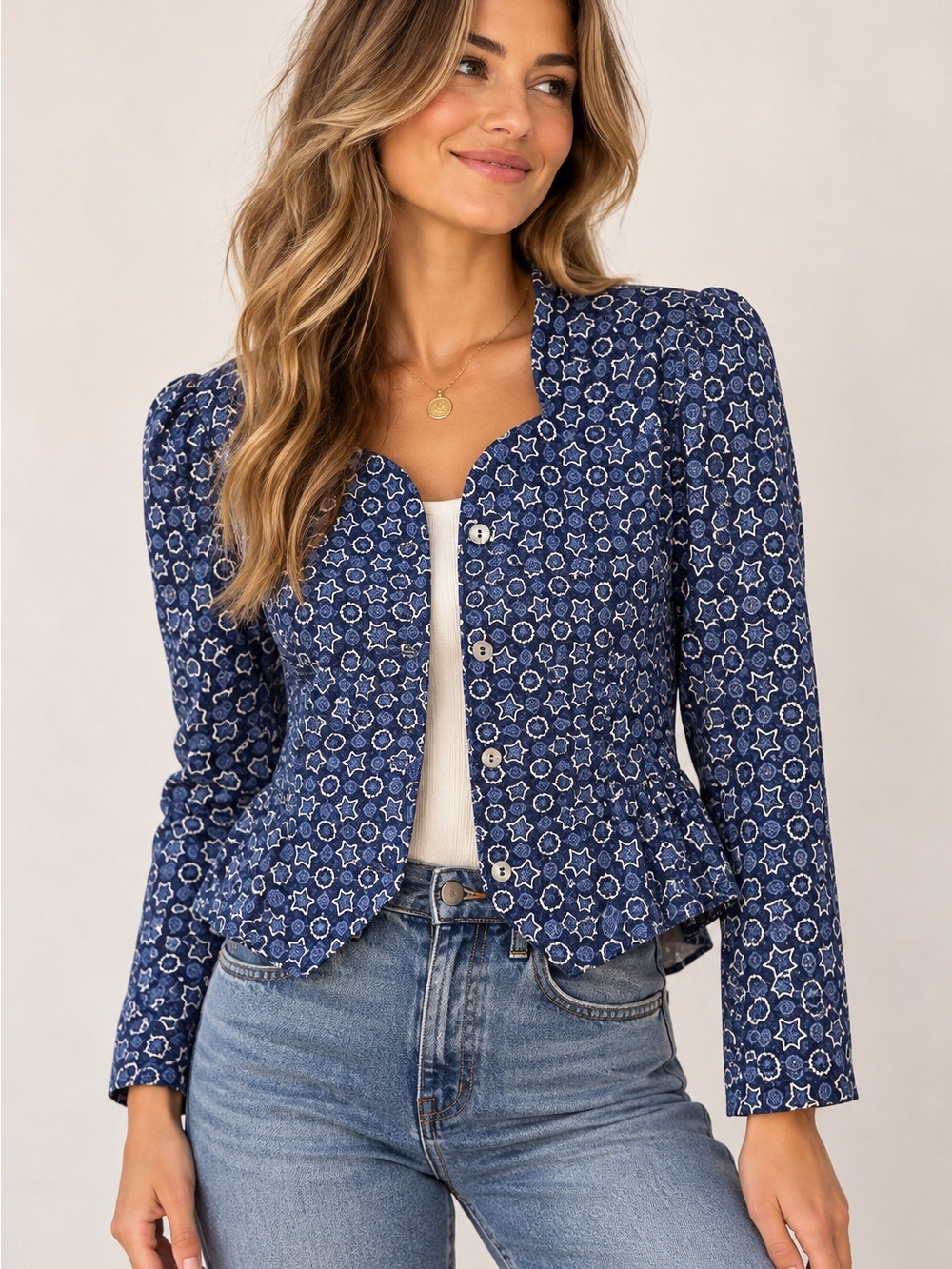 Vintage Ozark Mountain Jean Co Star Print Peplum Jacket Western Cotton M
